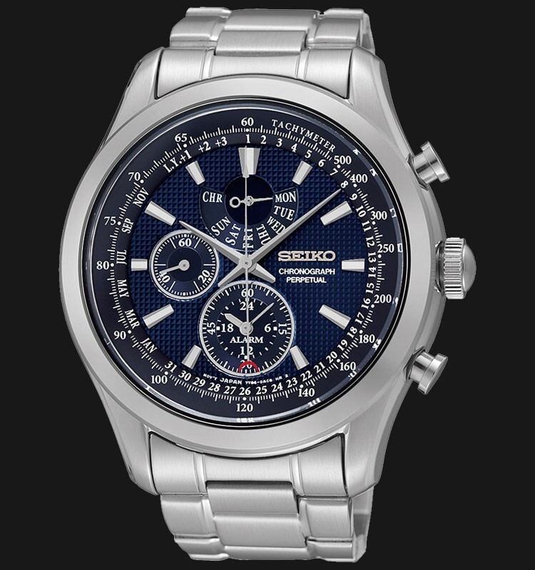 Pre-owned Seiko Chronograph Spc125p1 Perpetual Calendar Quartz Watch Blue Dial Steel 7t86