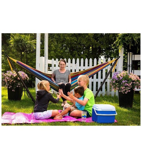 Vivere Double Hammock with Space-Saving Steel Stand, Tropical