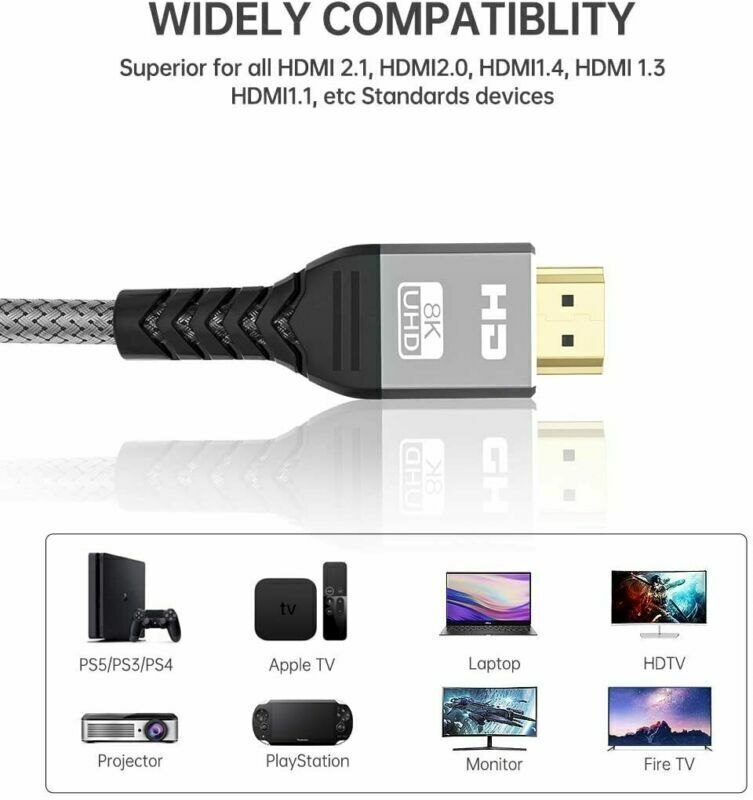 8K High Speed HDMI 2.1 Cable HDMI 2.1 UHD Wide compatibility Dolby HDCP RGB US
