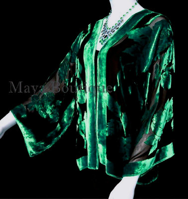 Pre-owned Maya Matazaro Emerald & Black Silk Burnout Velvet Jacket Short Kimono No Fringe  In Green