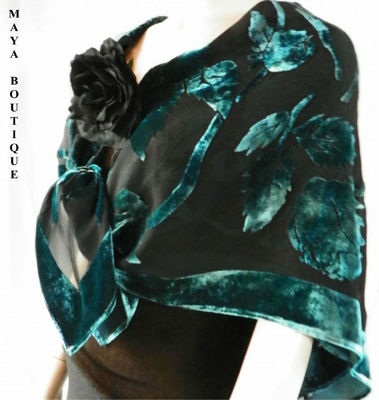 Pre-owned Maya Matazaro Silk Burnout Velvet Poncho Kimono Top Turquoise & Black No Fringe