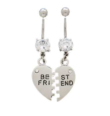 Best Friends Belly Rings 2 Piece Set Stainless Navel Piercings CZ Gems 14g 3/8