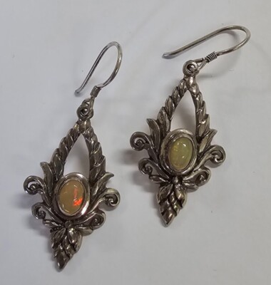Estate Jewelry Dangle Opal .925 Sterling Silver Earrings 1 7/8"