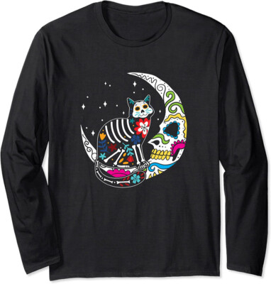 Sugar Skull Cat And Moon Day Of The Dead Long Sleeve T-Shirt