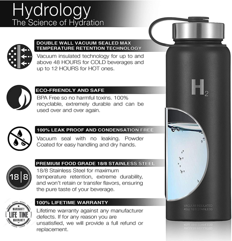 Hydrology Water Bottle Adventure Edition - 64 oz with 3 LIDS Double Wall Vacuum