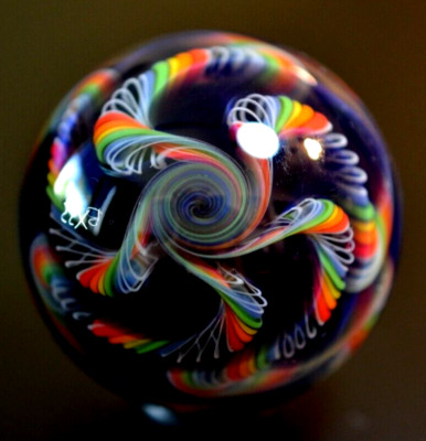 ERIC BROCK GLASS MARBLE/1.722''-MIDNIGHT DELUXE GIANT-LAVENDER,TEAL,RED,ORG
