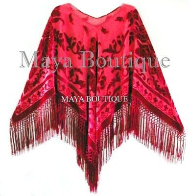 Pre-owned Maya Matazaro Silk Burnout Velvet Poncho Top Fringe Piano Shawl Wrap True Red