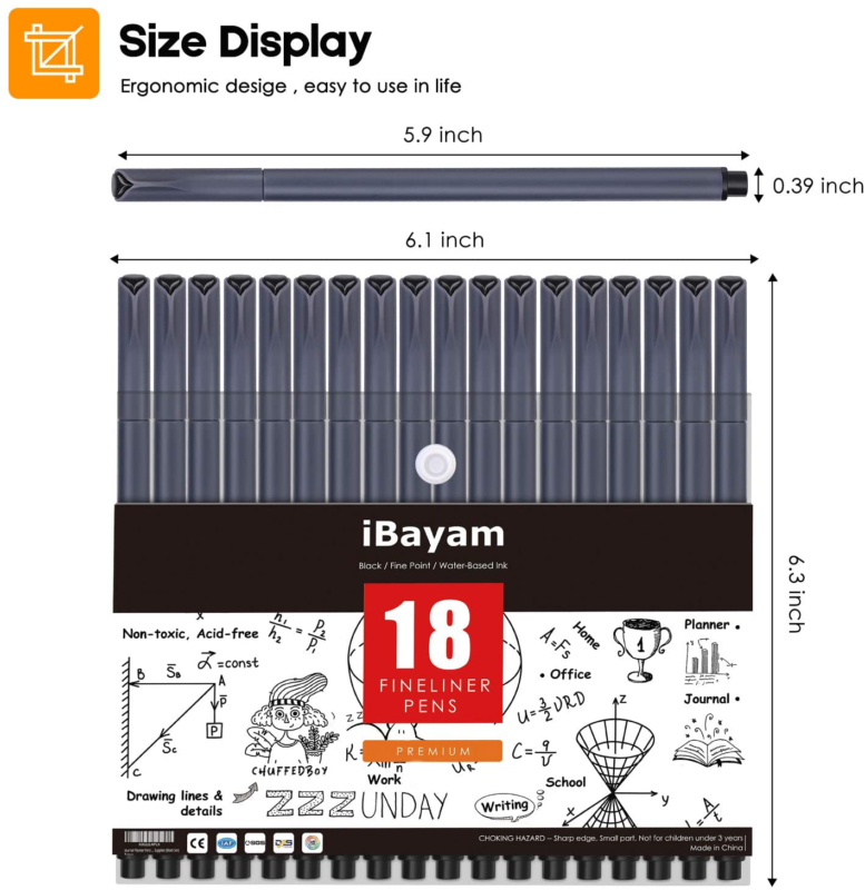 iBayam 18 Pack Black Ink Felt Tip Pens Fine Point Pens Fine Tip Markers Fineline