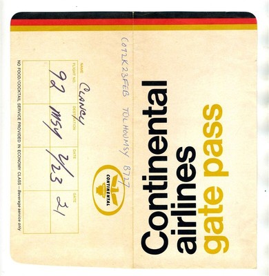 Continental Airlines Ticket Jacket / Gate Pass Tulsa Houston New Orleans 1970's