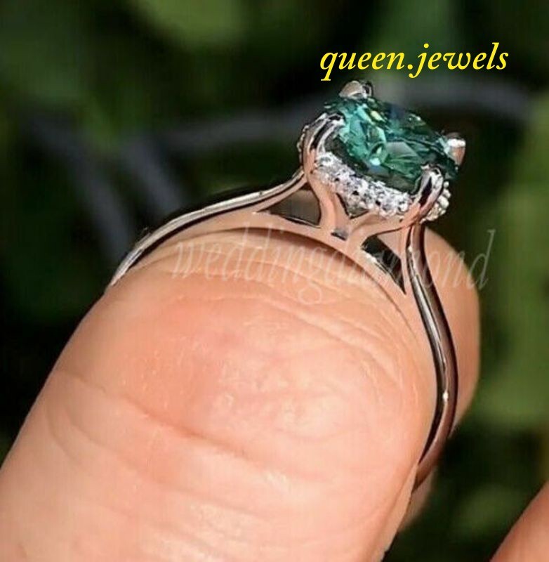 14K White Gold Finish 2.10CT Lab-Created Round Cut Blue Diamond Hidden Halo Ring - Picture 3 of 7