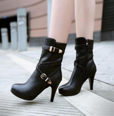 womens Lady buckle strap ankle boots side zip platform high