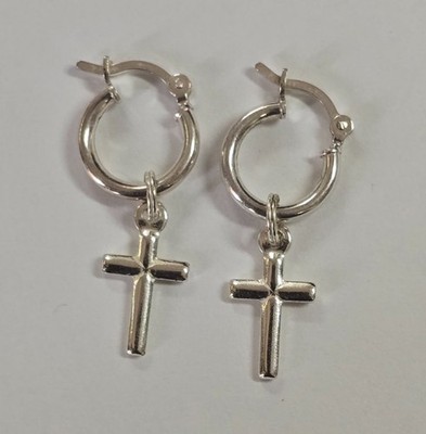 Estate Jewelry Jesus Cross Hoop Earrings .925 Sterling Silver 1 1/4