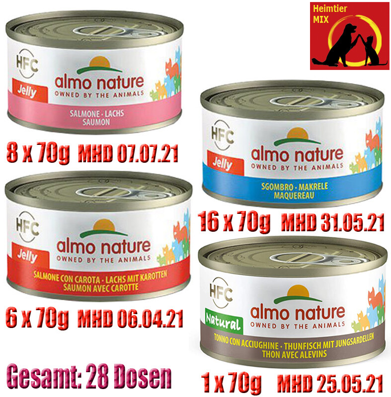 Almo Nature Katzenfutter Thunfisch Makrele Huhn Lachs Karotten Jungsardelen MHD