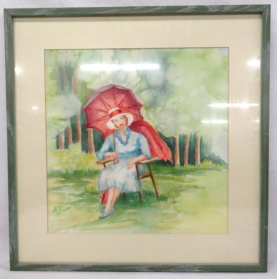 WATERCOLOR - SPRINGTIME IN THE ARBORETUM BY A BARR - FRAMED - 21" X 21"