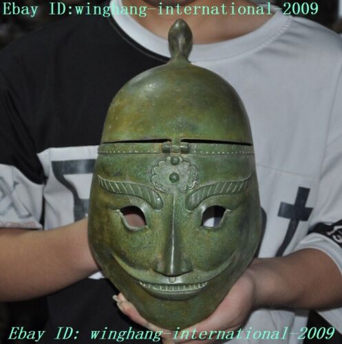 11"China dynasty Bronze ware Ancient warrior people face General mask helmet hat