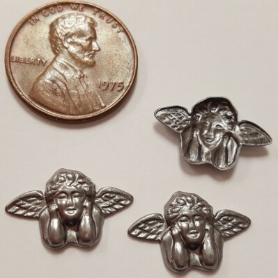 12 VINTAGE STEEL CHERUB 11x17mm. SILVER RAISED METAL STAMPING FINDINGS N83