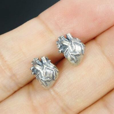 Handmade Unique Sterling Silver Anatomical Heart Tiny Stud Post Earrings Gothic