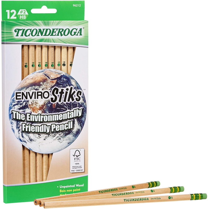 TICONDEROGA Envirostik Natural Wood Pencils, Wood-Cased #2 HB Soft, Natural, 12-
