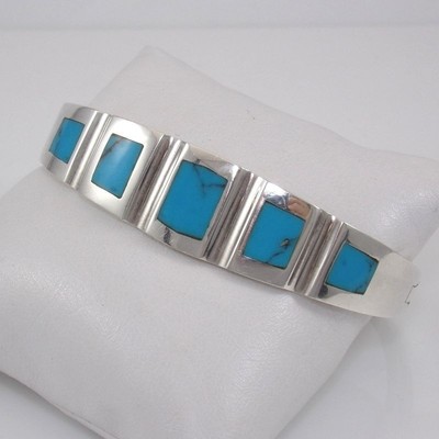 Heavy 950 Silver Turquoise Modernist Hinged Bangle Bracelet 45 Grams