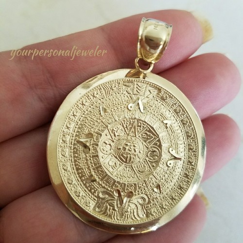Pre-owned Handmade Larg Big Solid Real 14k Yellow Gold Aztec Sun Calendar Pendant Charm 1.90" Long