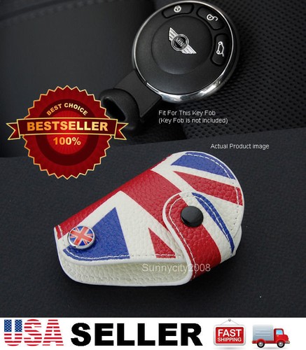 Red Union Jack Leather Holder Case Chain Cover For 08-13 Cooper Remote Key Fob