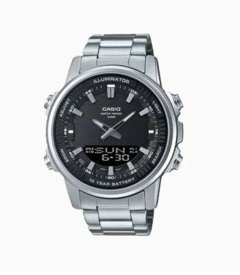 Casio AMW880D-1A 52mm Analogue Digital Display Silver Stainless Steel Case BLACK
