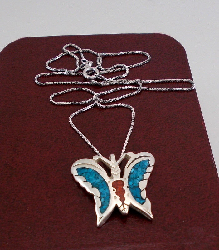 Sterling Silver Crushed Turquoise & Coral Inlaid Butterfly Pendant 17.5