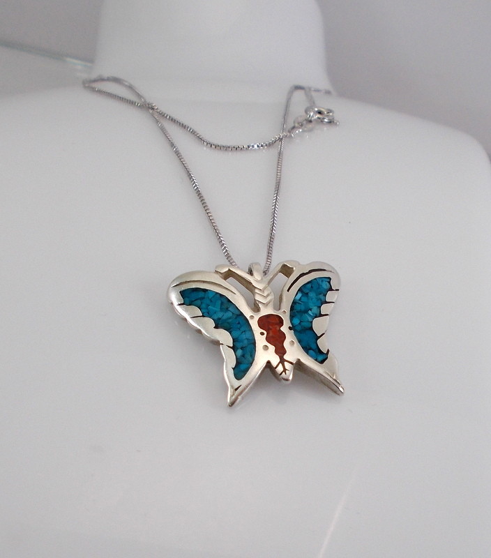 Sterling Silver Crushed Turquoise & Coral Inlaid Butterfly Pendant 17.5