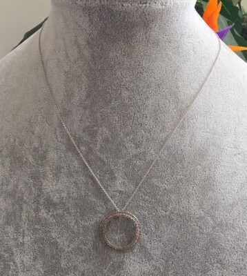 Estate Jewelry Real Diamond Circle Pendant .925 Sterling Silver Necklace 18"