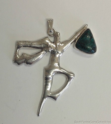 Estate Jewelry Unique Turquoise Dancing Art Pendant .925 Sterling Silver 2"