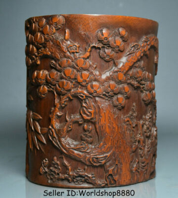 6.2'' Old Chinese Bamboo Root Carved Pine Tree Plum Flower Brush Pot Pencil Vase