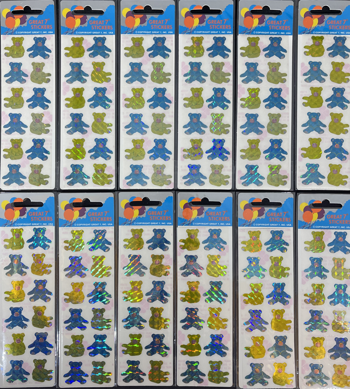 12 packages of Prismatic Teddy Bear Stickers, "Great 7" Sticker Designs, PPZ6102