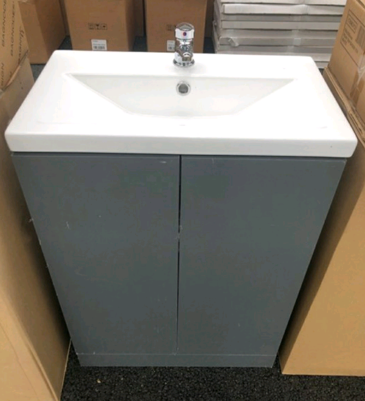 FLOOR STANDING 2 DOOR SINK UNIT IN GLOSS GREY WITH 610X360MM 1TH CER