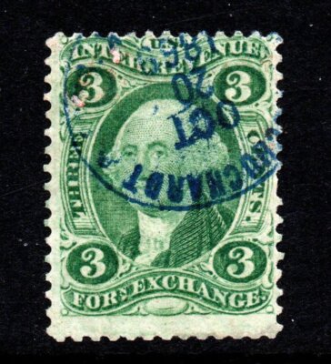 R16 HANDSTAMP CANCEL 3 CENT FIRST ISSUE REVENUE STAMP,  FREE SHIPPING IN USA