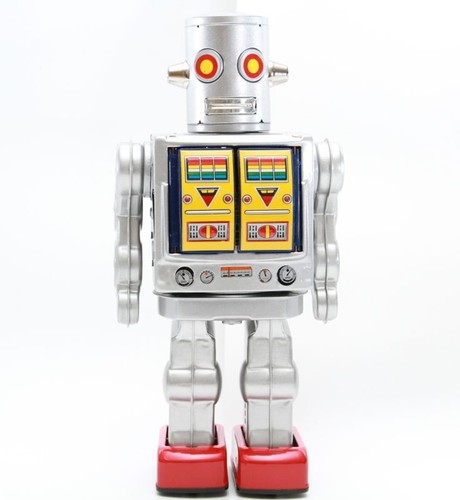 Metal House Robot Series ASTRO ONE II Silver Tin Toy Walking Lightup w/Box