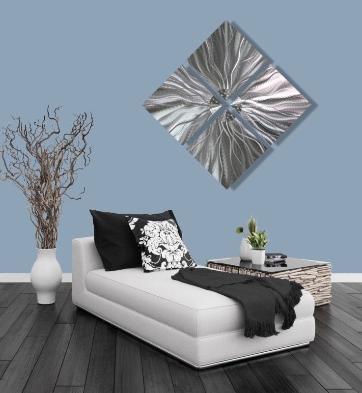 Metal 4 Piece Set Silver Wall Art Square Decor by Jon Allen Handmade