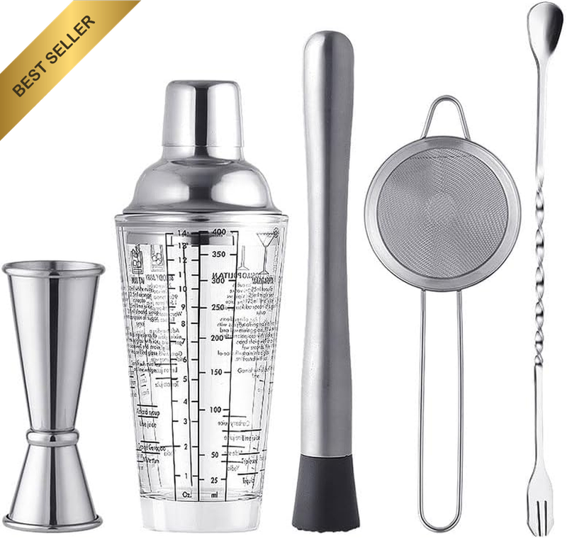 Glass Cocktail Shaker Set with Transparent Mixing Cup and Measurements, Stainles