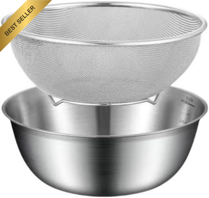 3.5 Qt 304 Stainless Steel Colander & Mixing Bowl with Scale, Large Metal Food S