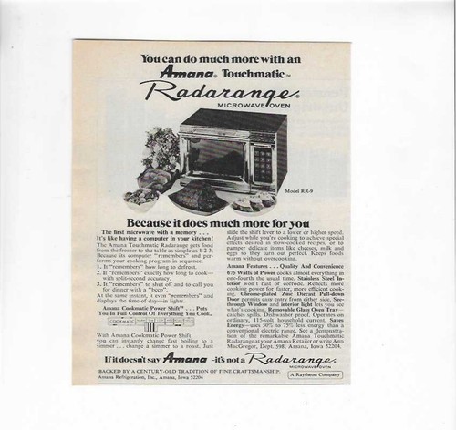 1977 Amana Touchmatic Radarange Microwave Oven Old Vintage Print Advertisement