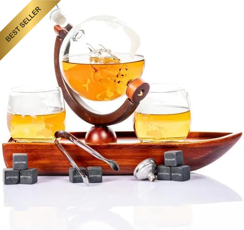 Globe Decanter Set with 2 Glasses and a Boat Shaped Mahogany Wooden Base