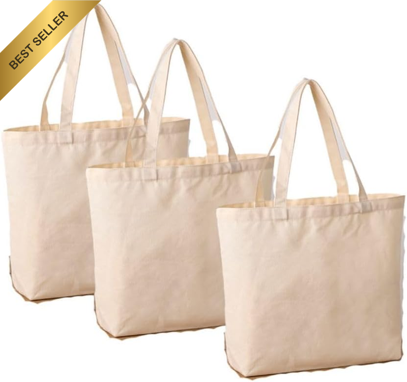 3 Pack Large Canvas Grocery Tote Bags Heavy Duty Washable Eco-Friendly Shopping