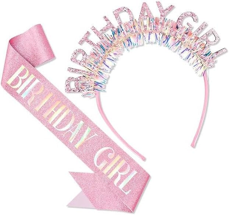 Birthday Girl Headband & Sash Set, Pink Glitter Happy Rhinestone Crown with Irid