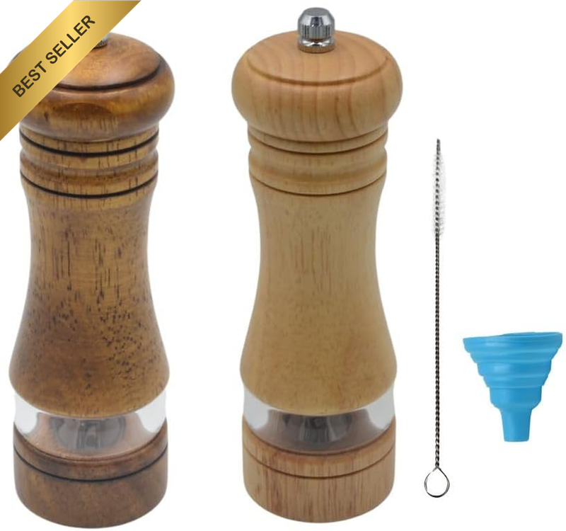 Classic Salt and Pepper Grinder Set 2 Pack 16cm Oak Wood Adjustable Ceramic Mill