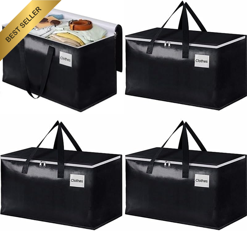 4 Pack Heavy Duty Moving Bags Sturdy Handles Zipper Collapsible Storage Totes
