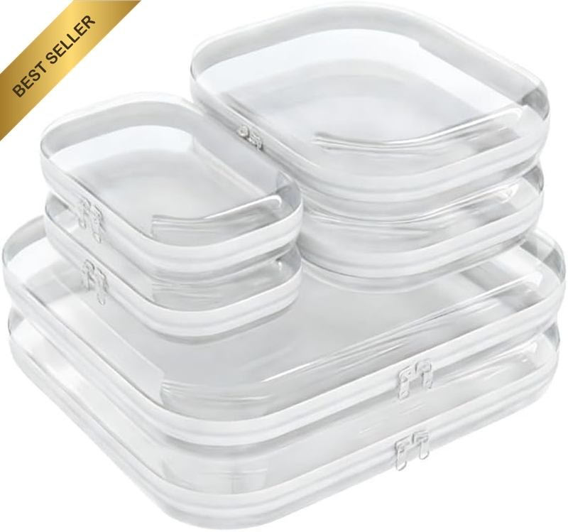 6-Pack Transparent Waterproof Storage Bags (2 of Each of 3 Sizes), Travel Toilet