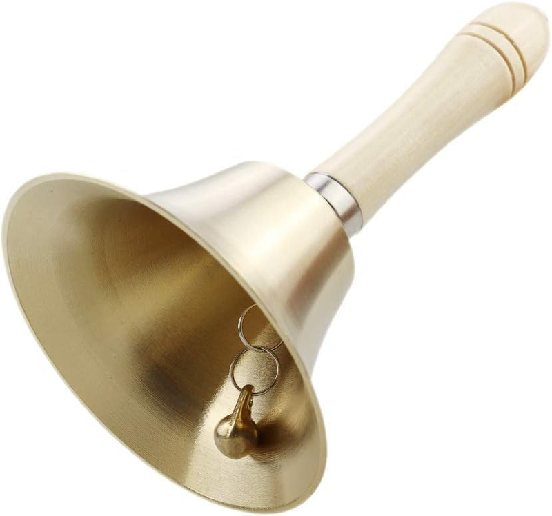 Hand Bell with Wooden Handle, Gold Brass Finish, Percussion Instrument with Clap