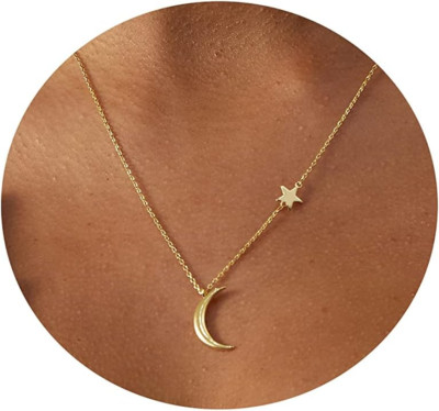 Dainty Moon and Star Pendant Necklace for Women 14K Gold Crescent Moon Long Neck
