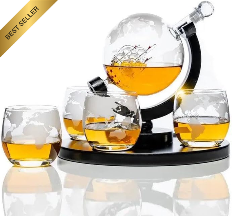 Etched Globe Decanter Set with 4 Etched Glasses and a round Pine Base