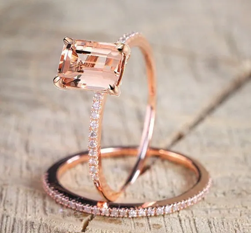 Worth to Buy Exquisite 18K Rose Gold Floral Rings Set Slim Princess Morganite New Year Anniversary Proposal Gift Clear Diamond Jewelry Birthday Party Engagement Wedding Band Ring Size 6 7 8 9 10