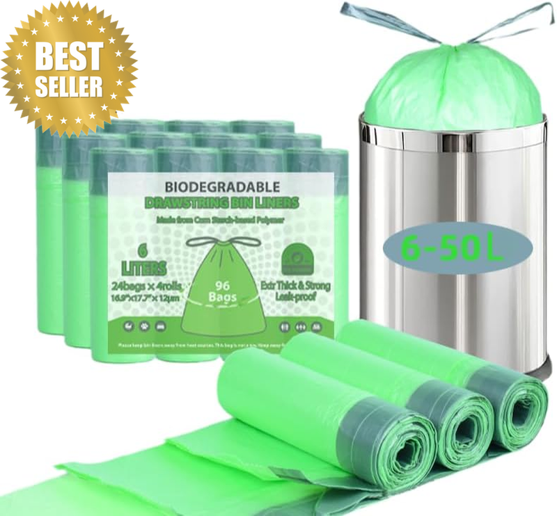 96 Trash Bags, 6L with Drawstring, Garbage Bags for Compost Bins, 96 Pieces, Kit